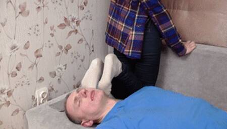 Girl enjoys man`s nose sniffing her funny socks, vf0803x 1080p