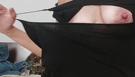 Hairy latina pussy tries on clothes in bed. Hairy brunette pussy, big tits. Amateur wife trying on clothes.