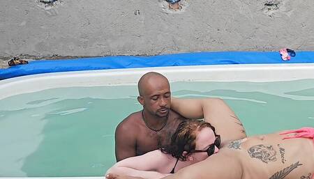 Jerking off to the pool and fucking two hot chicks with cumshot inside