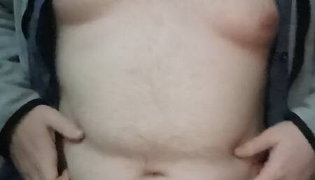 Fatman touch his tiny cock in the kitchen