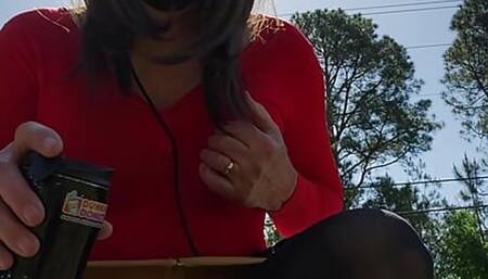 Outside in pantyhose leotard miniskirt neighborhood walk.