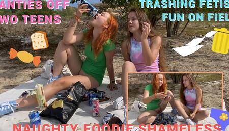 Trashy Picnic on Field. Two Girls Pantyless Having Fun