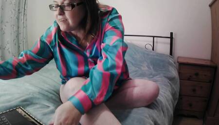 Wife in sexy silk shirt playing with big breasts on cam