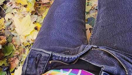 cumming outside in the fall leaves