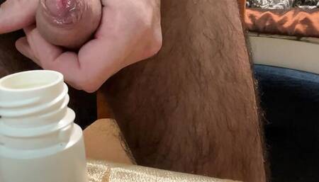 Earl masturbates and ends up cumming in a white container