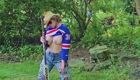 Getting Pumped Up for the Game -Stole my Stepsons Hockey Stick -Bouncing Big Tits Mistress Thursday