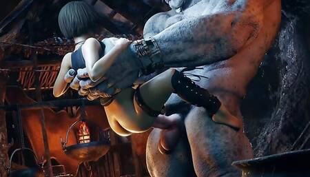 The ogre's huge cock stretches the girl's tight pussy.