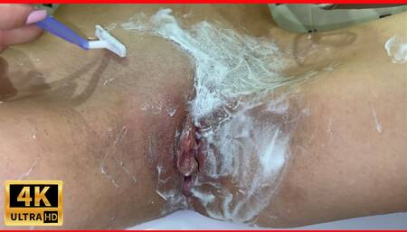 Shaving unshaven pussy close-up! Cute blonde with natural tits! POV!