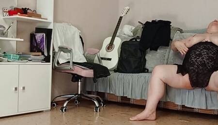 Mother-in-law fingering her tits and pussy with her hands