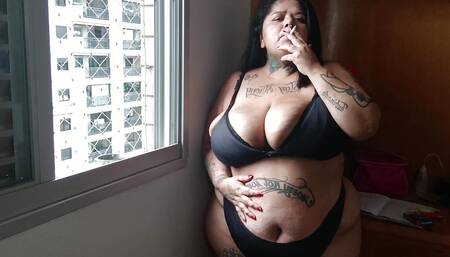 BBW Smoking Cigarette on Her Balcony