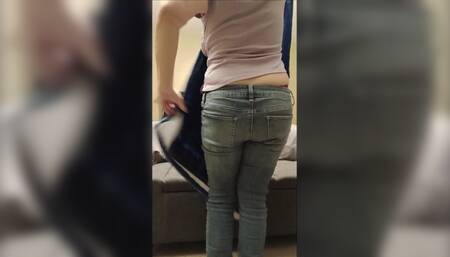 Jeans Slipping Down Exposing Pink Panties and Buttcrack