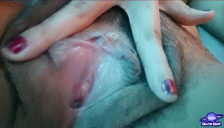 Gothic babe masturbates her pink hairy pussy while moaning a lot, her MILF stepmom records her with her cell phone, lesbian POV