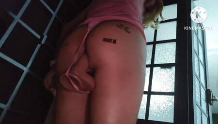 Sissy goes for an outdoors walk with a thrusting dildo inside her asshole