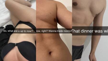 The wife cheats on her husband with her colleague, Alex, during a business trip on Snapchat.