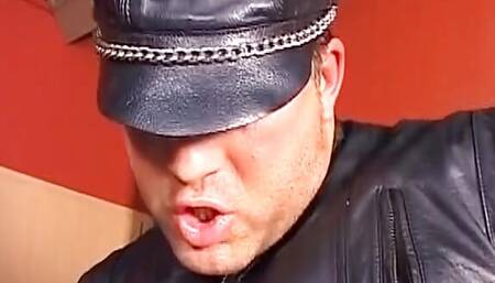 Slutty German babe in a leather uniform rides a big dick