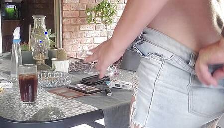 Fucking my neighbours slutty wife outdoors on the patio