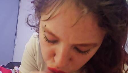 Redhead girl passionately deepthroats a strange guy and swallows his cum
