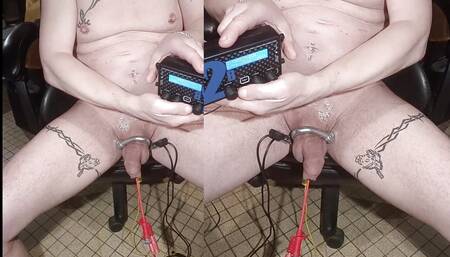 Three-phase electro e-stim in PA + anal + cock base with precum and ejac PART. 1