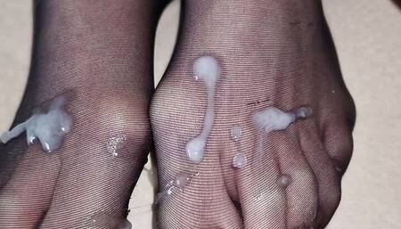 My cum on wife's perfect nylon feet - French pedicure on her perfect feet