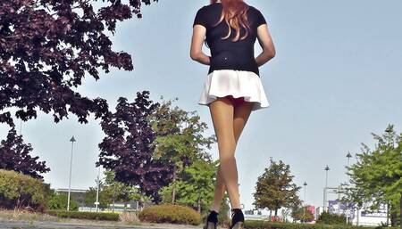 Public Crossdressing... Sissy in very short dresses outside