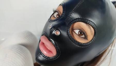 Pervert bitch sucks my cock in the bathtub and I fuck her face with leather slave mask