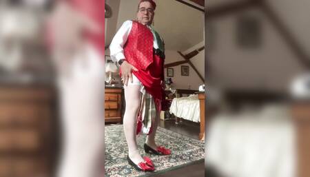 In outfit with a skirt and a red vest for a night out