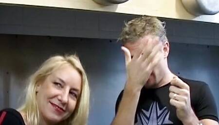 Mature French blonde fucked by two dudes in the restaurant's kitchen