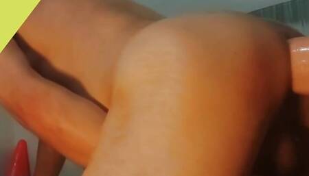 Ass stretching with a bed tray & 2 big dildos