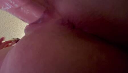 Tight pussy creams on huge dildo fingers ass