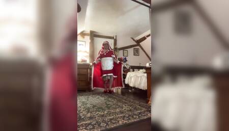 In a Santa Claus outfit for a night out