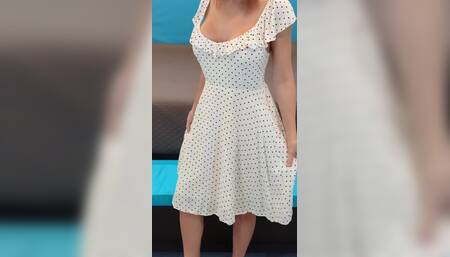 White Dress with Black Polka Dots & Black and Wood High Heels