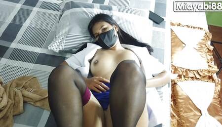 sexy asian footjob nylon stocking play with husband cock until cum on her foots