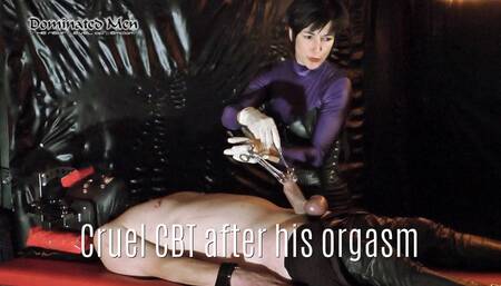 Cruel CBT after his orgasm - Mistress have no mercy with his dick