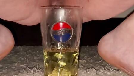 Fat Wife pees in glass, husband drinks it while cumming in her mouth