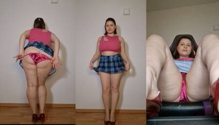 Underskirt tease, satin panties, butt cheeks, crossed legs