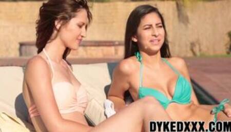 Lesbian sluts Ellena and Nina have steamy sex by the pool