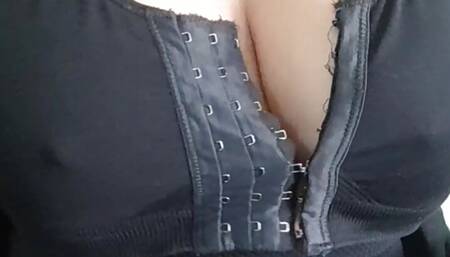 Hot slut plays with her big tits and sucks her black dildo while on video call with her stepbrother