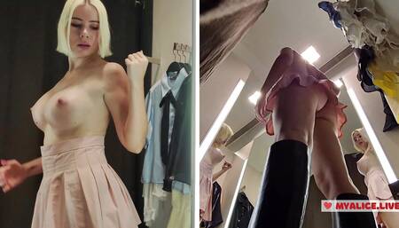 I really want to fuck, will you fuck me in the fitting room? Young blonde shows big tits in the fitting room