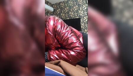 The Nympho Wife Plays with Her Camel-toe Jumpsuit and Put Some Cum on Her Shinny Red Down-jacket 230