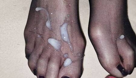 Shiny semen on wife's black nylon feet - black polish pedicure