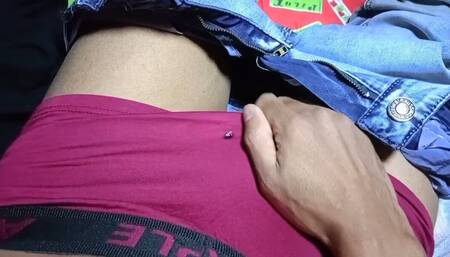 Holding the cock in the underwear with cold hands warms it up