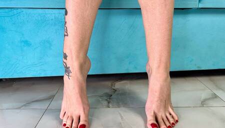 Bare Feet with Long Toes, Red Toenails Polish