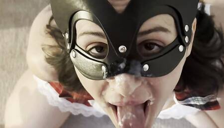 Obedient schoolgirl takes huge facial with hands behind back