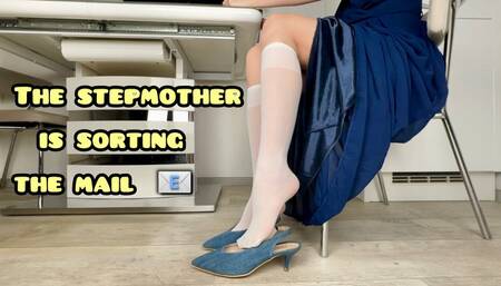 YOUR EYE IS CAPTURED as StepMommy play with jeans shoes, white knee socks on long legs dangling foot 1080 mp4