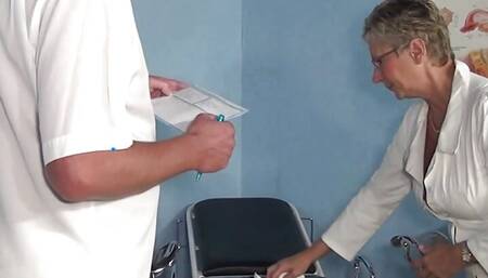 Gynecologist Dr. Poloch conscientiously examines the wetlands of old grandmothers