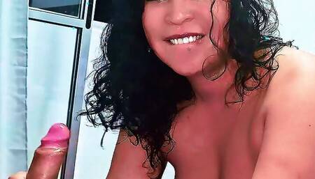 Stepmother sucking and swallowing her stepson's cum while her cuckold husband records. Horny stepmom latina (MILF)