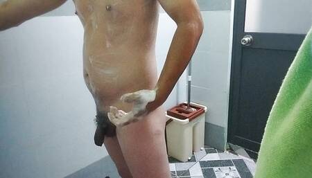 Guy showers and fucks his cock