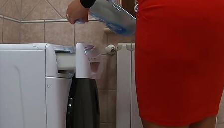 I catch my stepmom doing the laundry and I want to rub, tease, fuck and cum on her pretty big ass