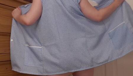 big breasts wife striptease in pale blue apron