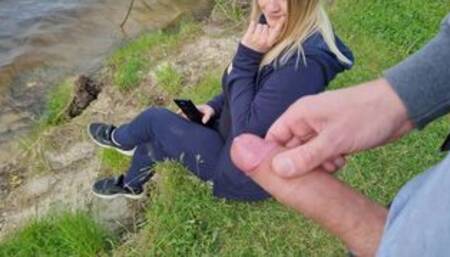 Man Public Flash Cock and cumshot near blone girl with big natural tits on nature